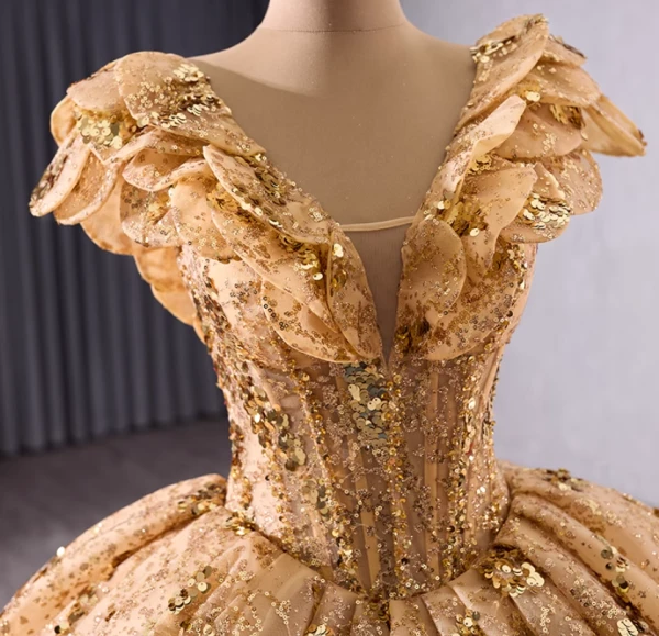 Gold Ball Gown Sequins V-neck Prom Dress