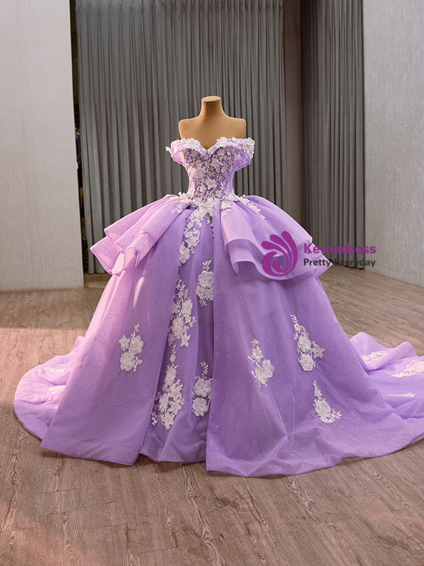 Purple Ball Gown Tulle 3D Appliques Prom Dress