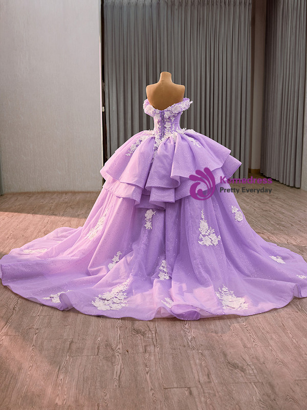 Purple Ball Gown Tulle 3D Appliques Prom Dress