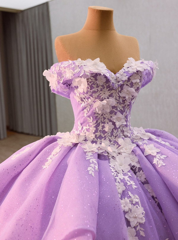 Purple Ball Gown Tulle 3D Appliques Prom Dress