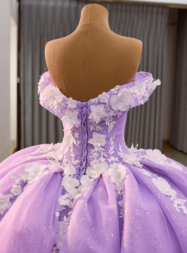 Purple Ball Gown Tulle 3D Appliques Prom Dress