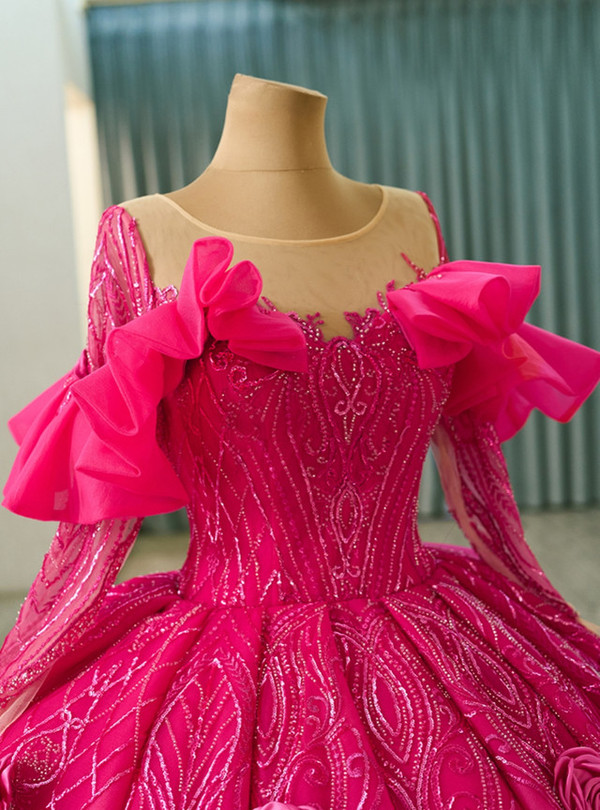 Fuchsia Ball Gown Sequins 3D Flower Prom Dress