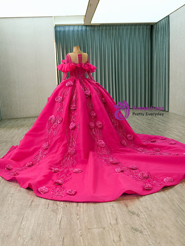 Fuchsia Ball Gown Sequins 3D Flower Prom Dress