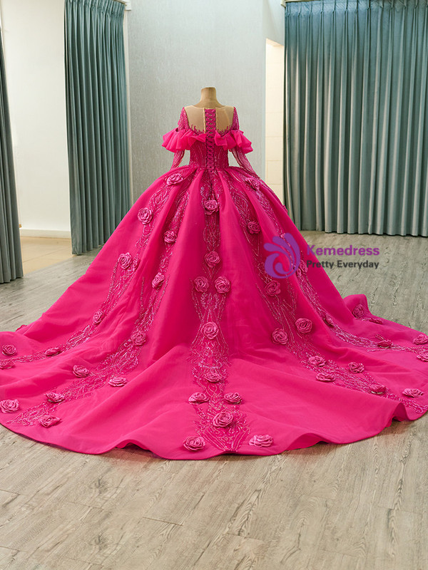 Fuchsia Ball Gown Sequins 3D Flower Prom Dress