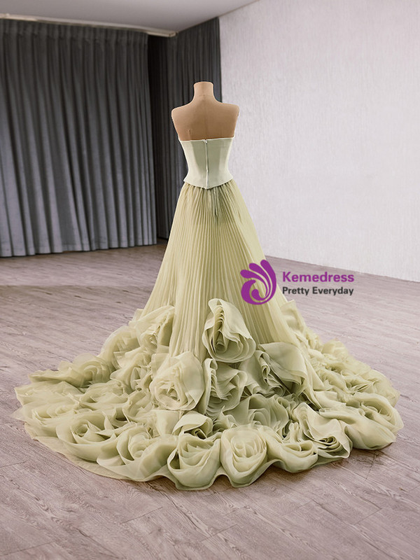 Green Tulle Strapless Pleats Prom Dress
