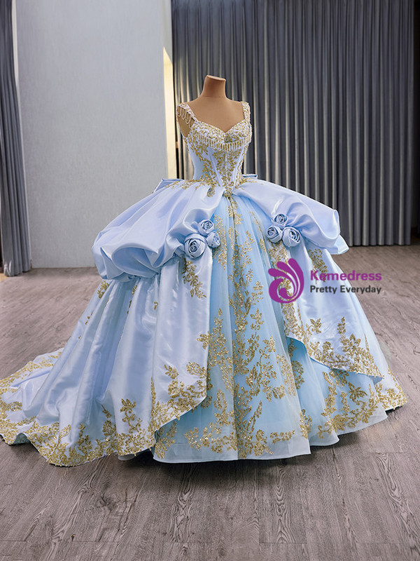 Blue Ball Gown Tulle Sequins Appliques Prom Dress