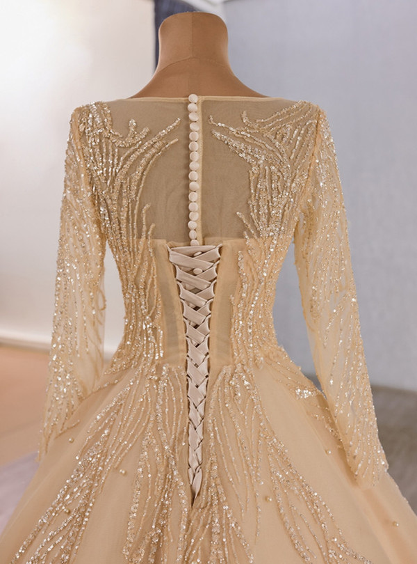 Champagne Sequins Tulle Long Sleeve Prom Dress