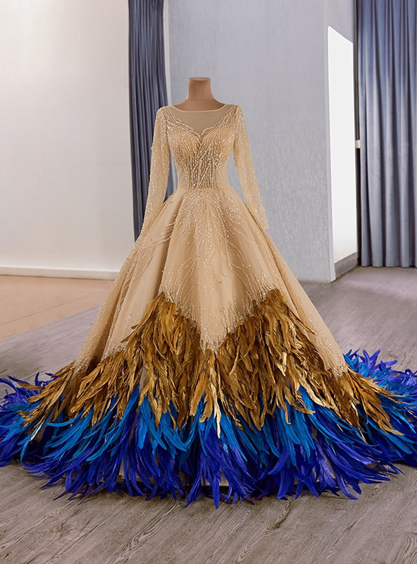 Champagne Sequins Tulle Long Sleeve Prom Dress