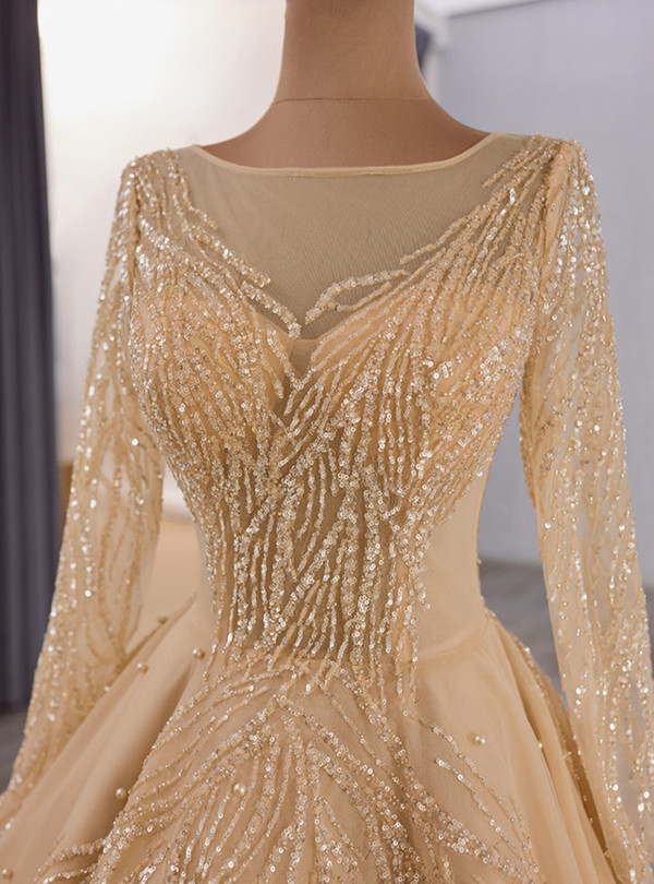 Champagne Sequins Tulle Long Sleeve Prom Dress