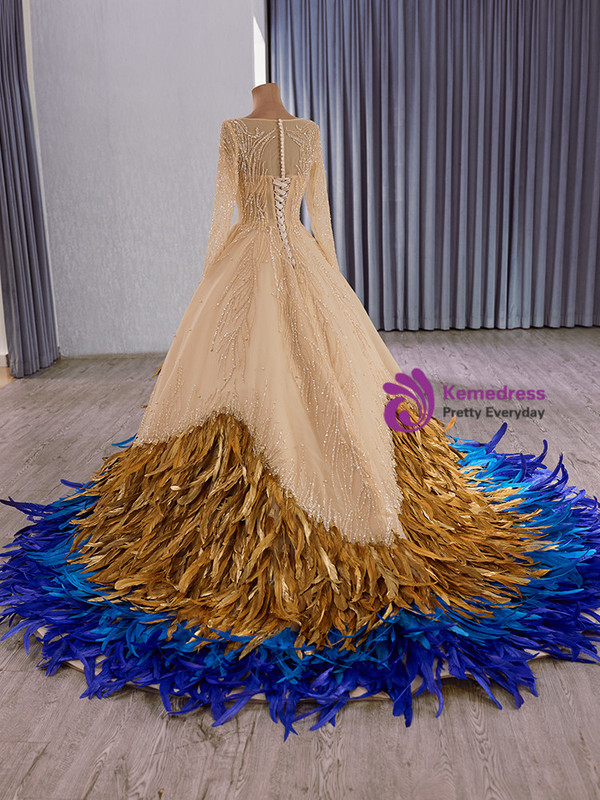 Champagne Sequins Tulle Long Sleeve Prom Dress