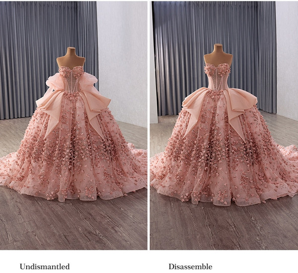 Pink Tulle Sequins Beading 3D Appliques Prom Dress