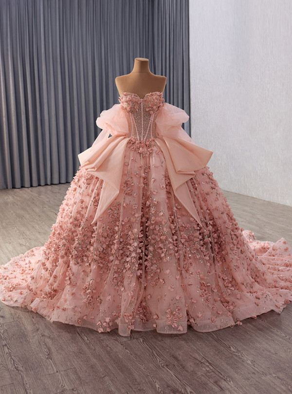 Pink Tulle Sequins Beading 3D Appliques Prom Dress