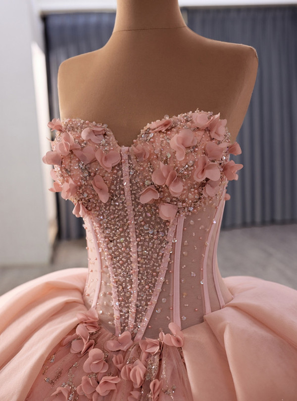 Pink Tulle Sequins Beading 3D Appliques Prom Dress