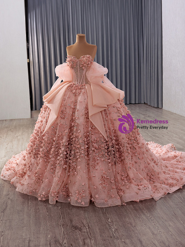 Pink Tulle Sequins Beading 3D Appliques Prom Dress