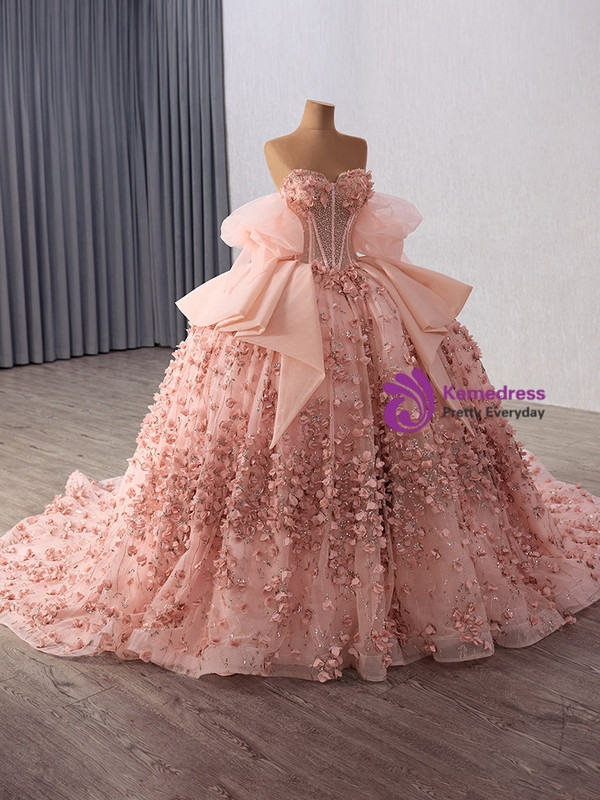 Pink Tulle Sequins Beading 3D Appliques Prom Dress