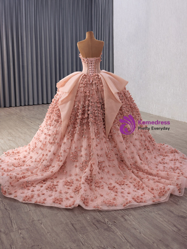 Pink Tulle Sequins Beading 3D Appliques Prom Dress