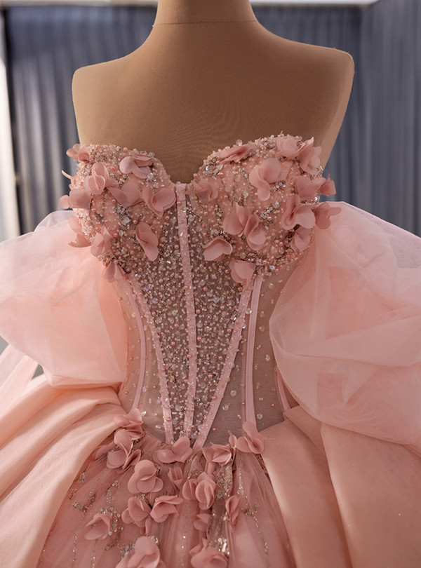 Pink Tulle Sequins Beading 3D Appliques Prom Dress