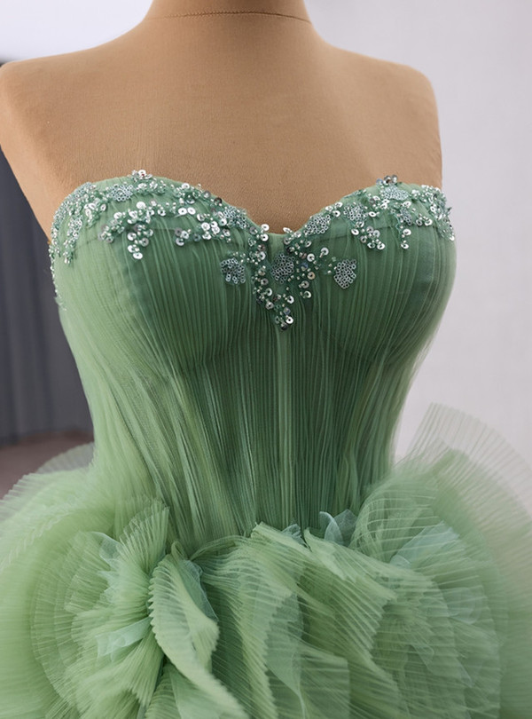 Green Tulle Pleats Sequins Beading Prom Dress