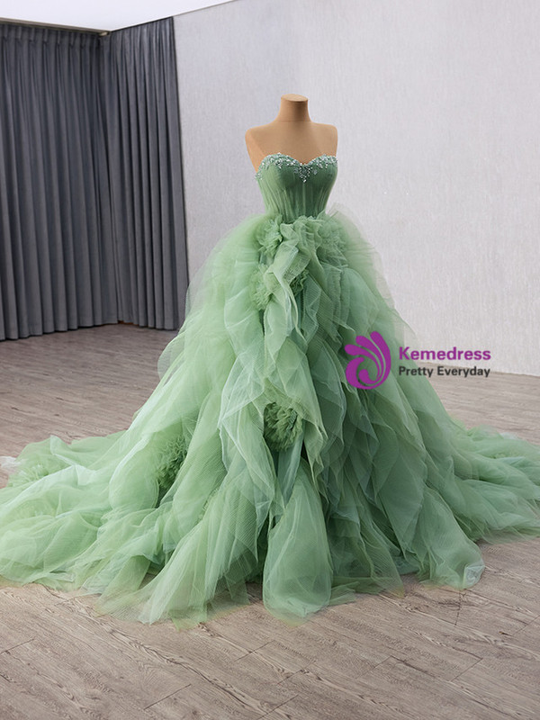 Green Tulle Pleats Sequins Beading Prom Dress