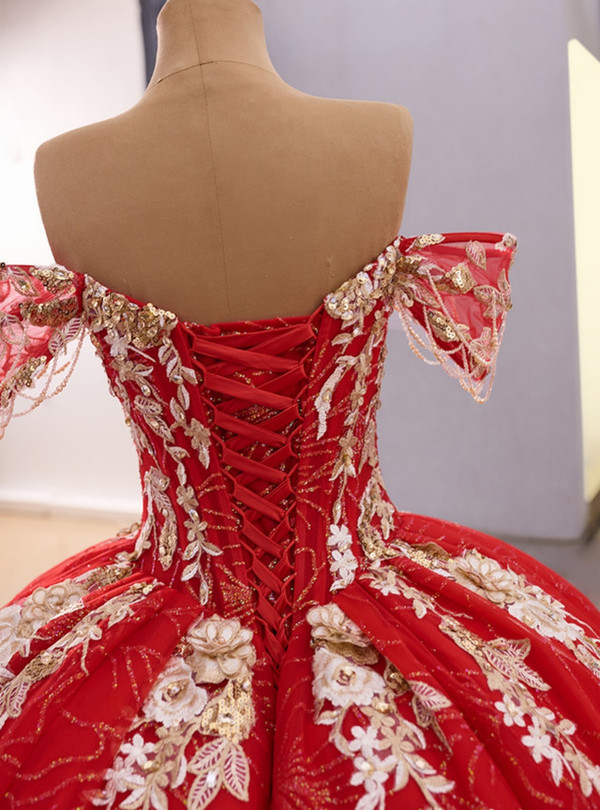 Red Tulle Ball Gown Sequins Appliques Prom Dress