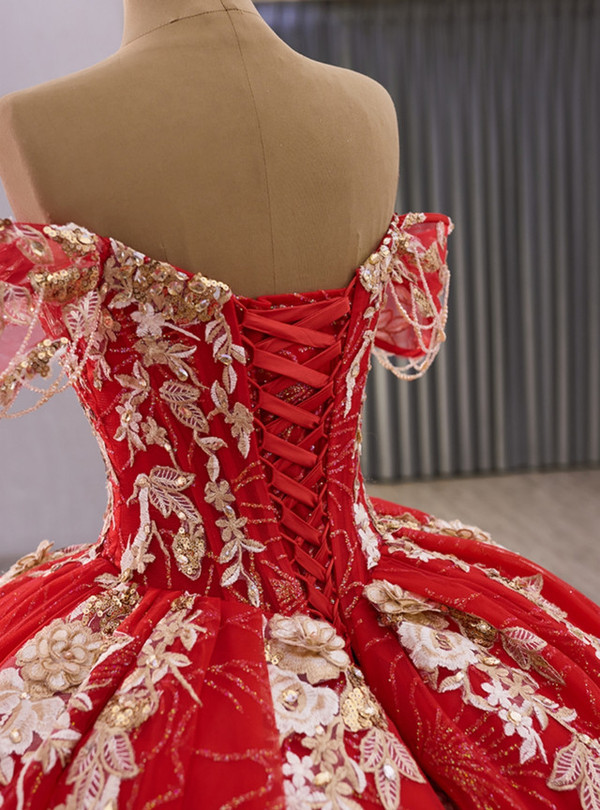 Red Tulle Ball Gown Sequins Appliques Prom Dress