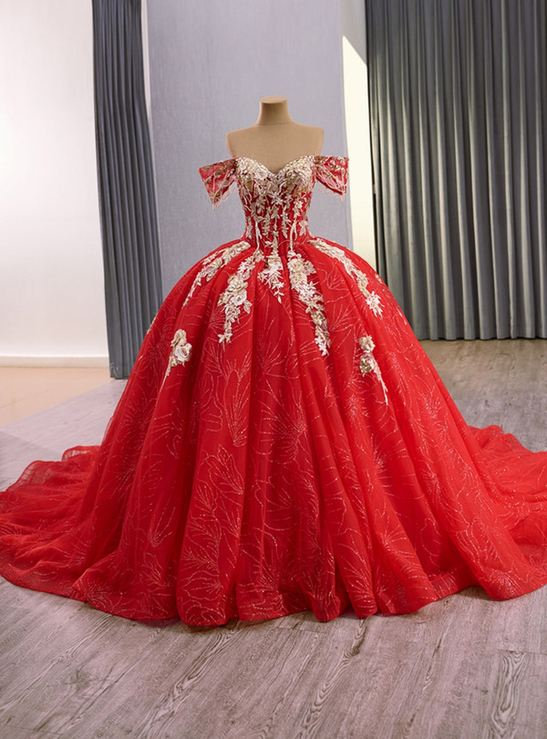 Red Tulle Ball Gown Sequins Appliques Prom Dress