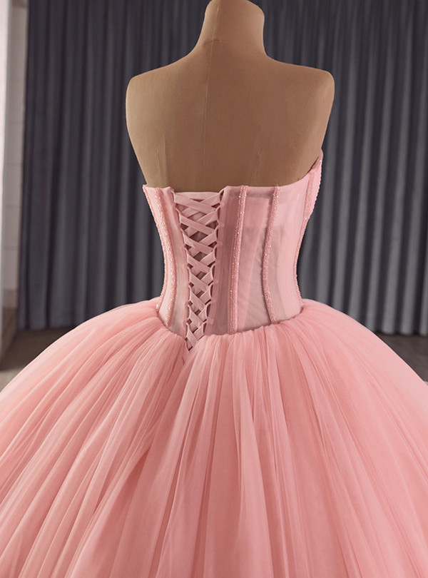 Pink Ball Gown Strapless Tulle Beading Prom Dress