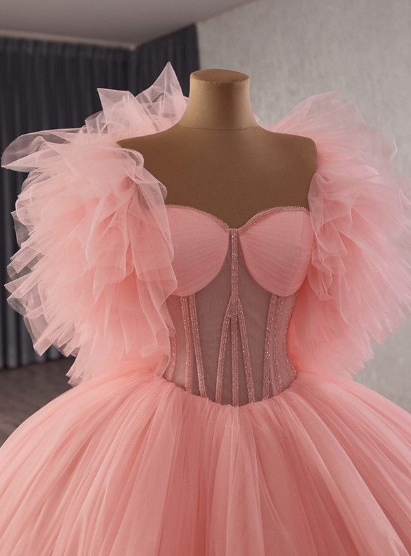 Pink Ball Gown Strapless Tulle Beading Prom Dress