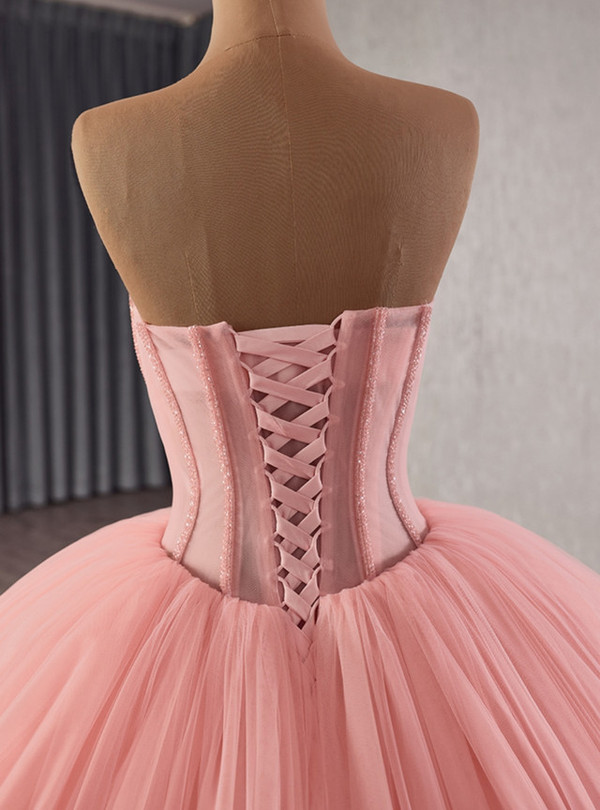 Pink Ball Gown Strapless Tulle Beading Prom Dress