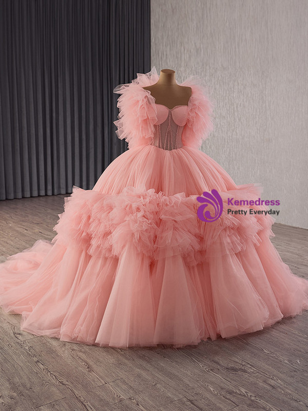 Pink Ball Gown Strapless Tulle Beading Prom Dress