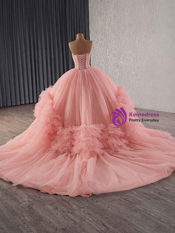 Pink Ball Gown Strapless Tulle Beading Prom Dress