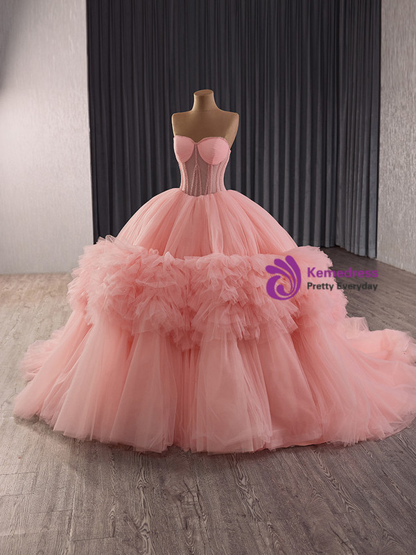 Pink Ball Gown Strapless Tulle Beading Prom Dress