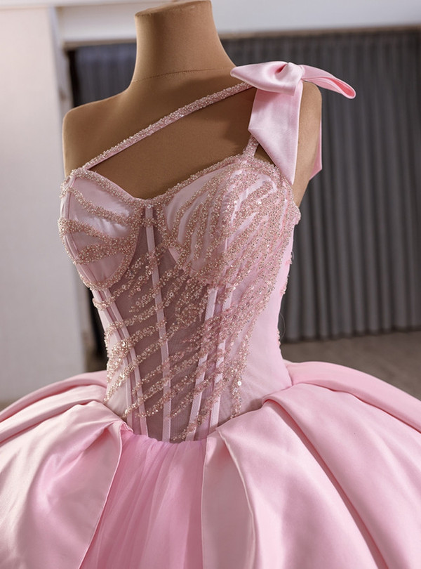 Pink Tulle Satin One Sequins Sequins Prom Dress