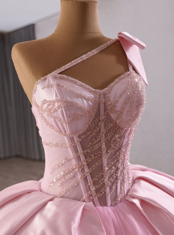 Pink Tulle Satin One Sequins Sequins Prom Dress