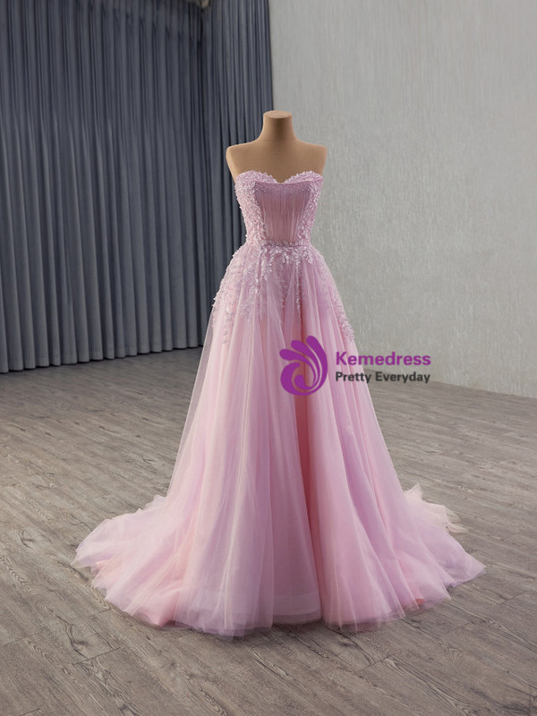 Pink Tulle Strapless Appliques Beading Prom Dress