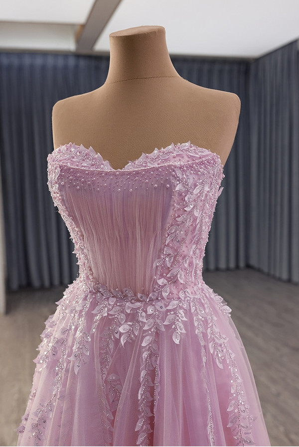 Pink Tulle Strapless Appliques Beading Prom Dress