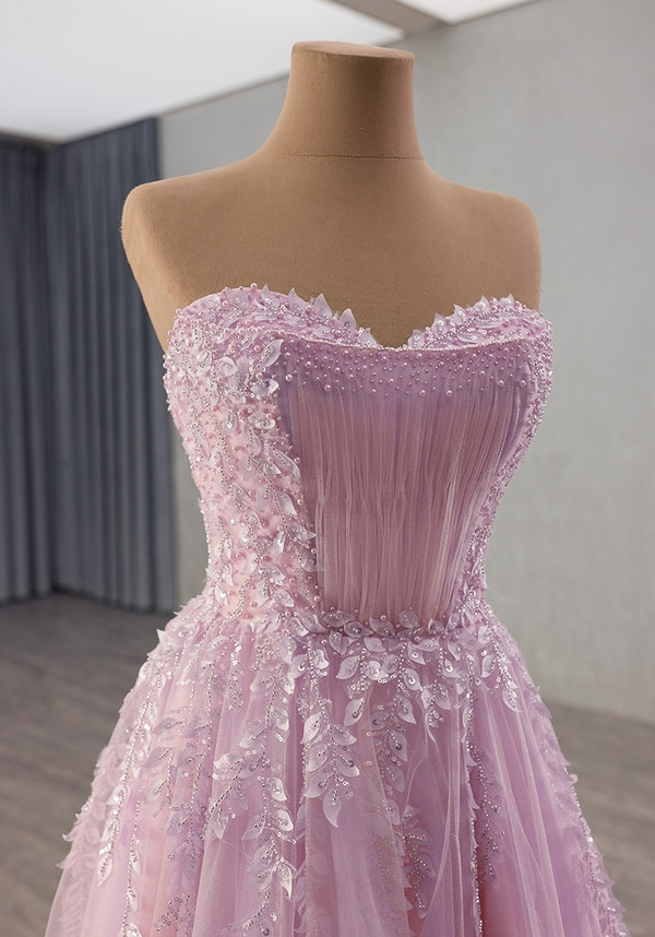 Pink Tulle Strapless Appliques Beading Prom Dress