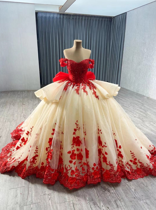 Champagne Tulle Red Appliques Prom Dress