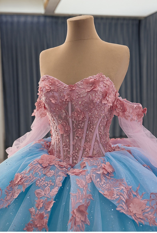 Blue Ball Gown Tulle Pink Appliques Prom Dress