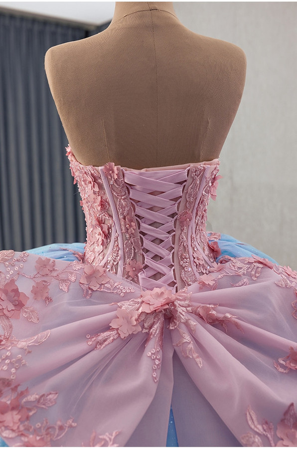 Blue Ball Gown Tulle Pink Appliques Prom Dress