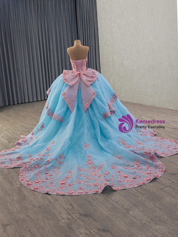 Blue Ball Gown Tulle Pink Appliques Prom Dress