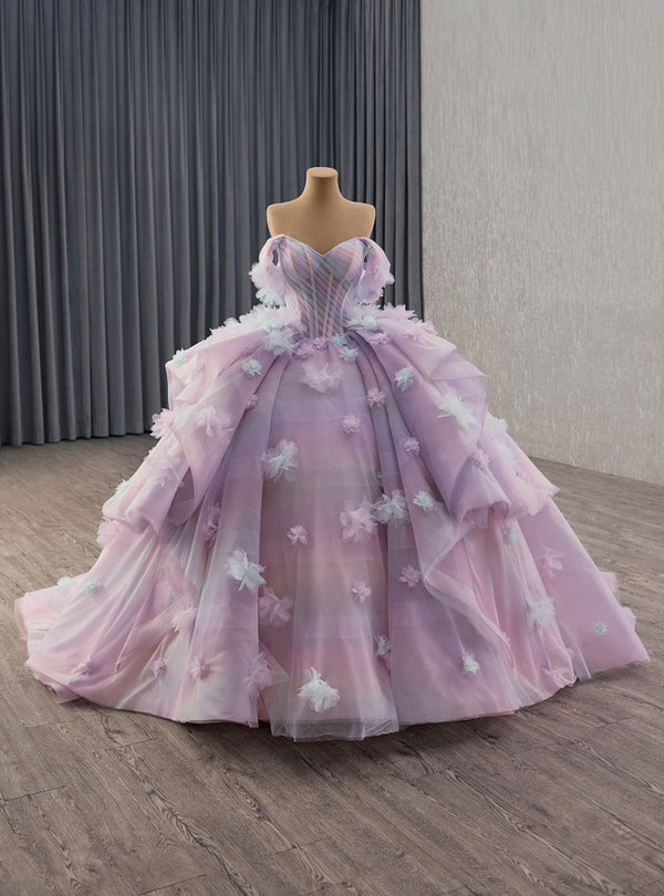 Light Purple Tulle Off the Shoulder Flower Prom Dress