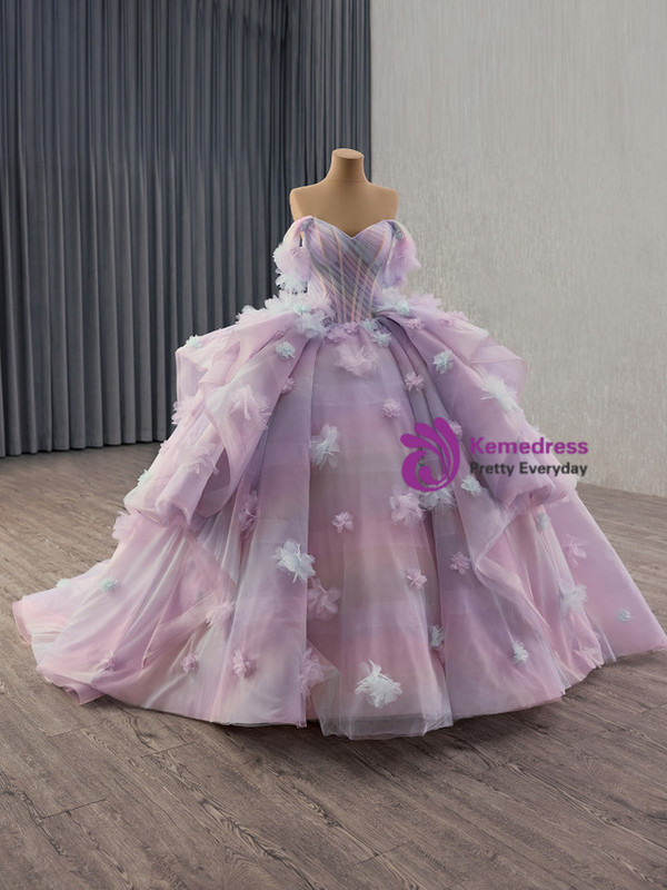 Light Purple Tulle Off the Shoulder Flower Prom Dress