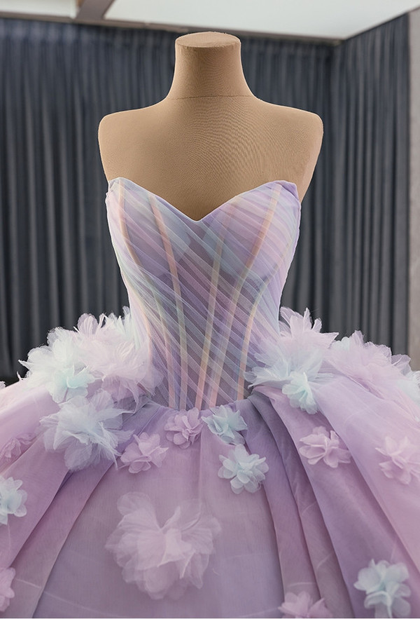 Light Purple Tulle Off the Shoulder Flower Prom Dress