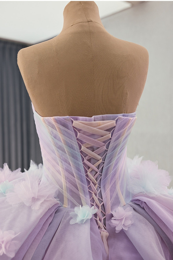 Light Purple Tulle Off the Shoulder Flower Prom Dress