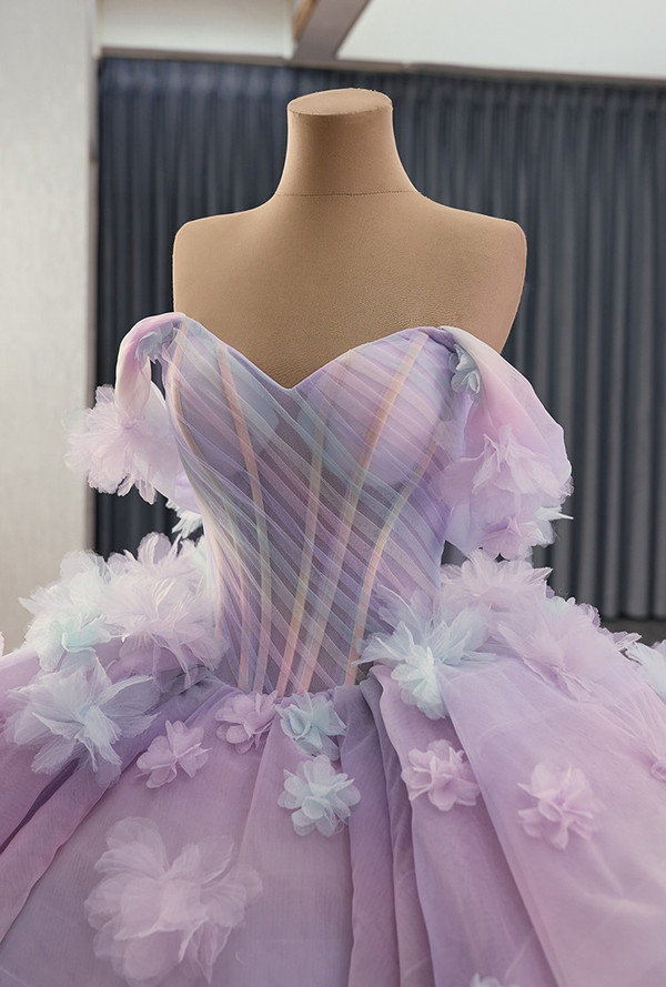 Light Purple Tulle Off the Shoulder Flower Prom Dress