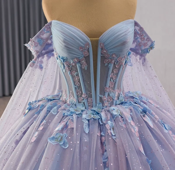 Blue Tulle Butterfly Appliques Pleats Prom Dress
