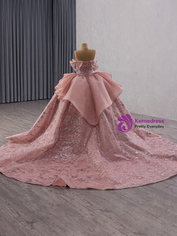 Pink Sequins Ball Gown Pearls Prom Dress