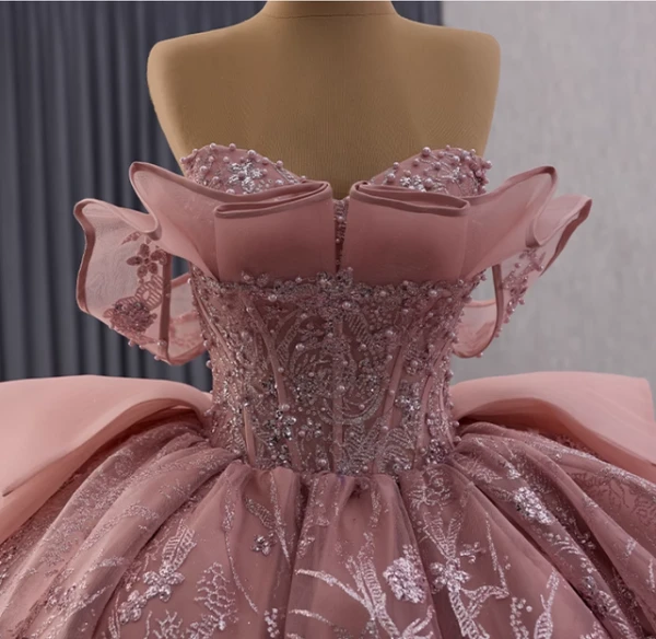 Pink Sequins Ball Gown Pearls Prom Dress
