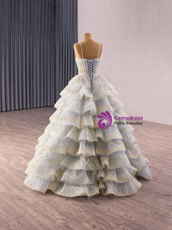 Blue Gray Tulle Tiers Spaghetti Straps Pleats Prom Dress